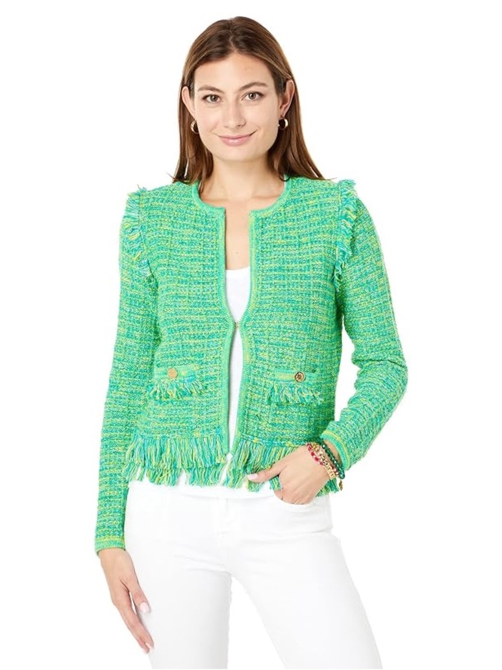 Lilly Pulitzer Green Tweed Fringe Cardigan
